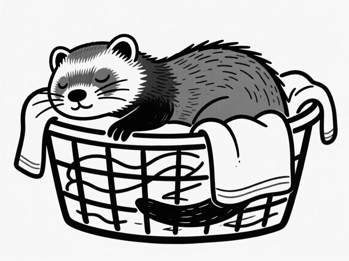 A ferret napping in a laundry basket full of warm clean towels.