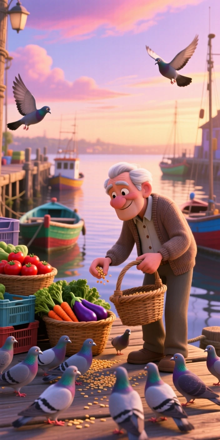 An elderly man feeding pigeons in a park is captured at a small fishing harbor at dawn, with baskets of fresh produce stacked neatly. A simple contentment radiates through the scene.