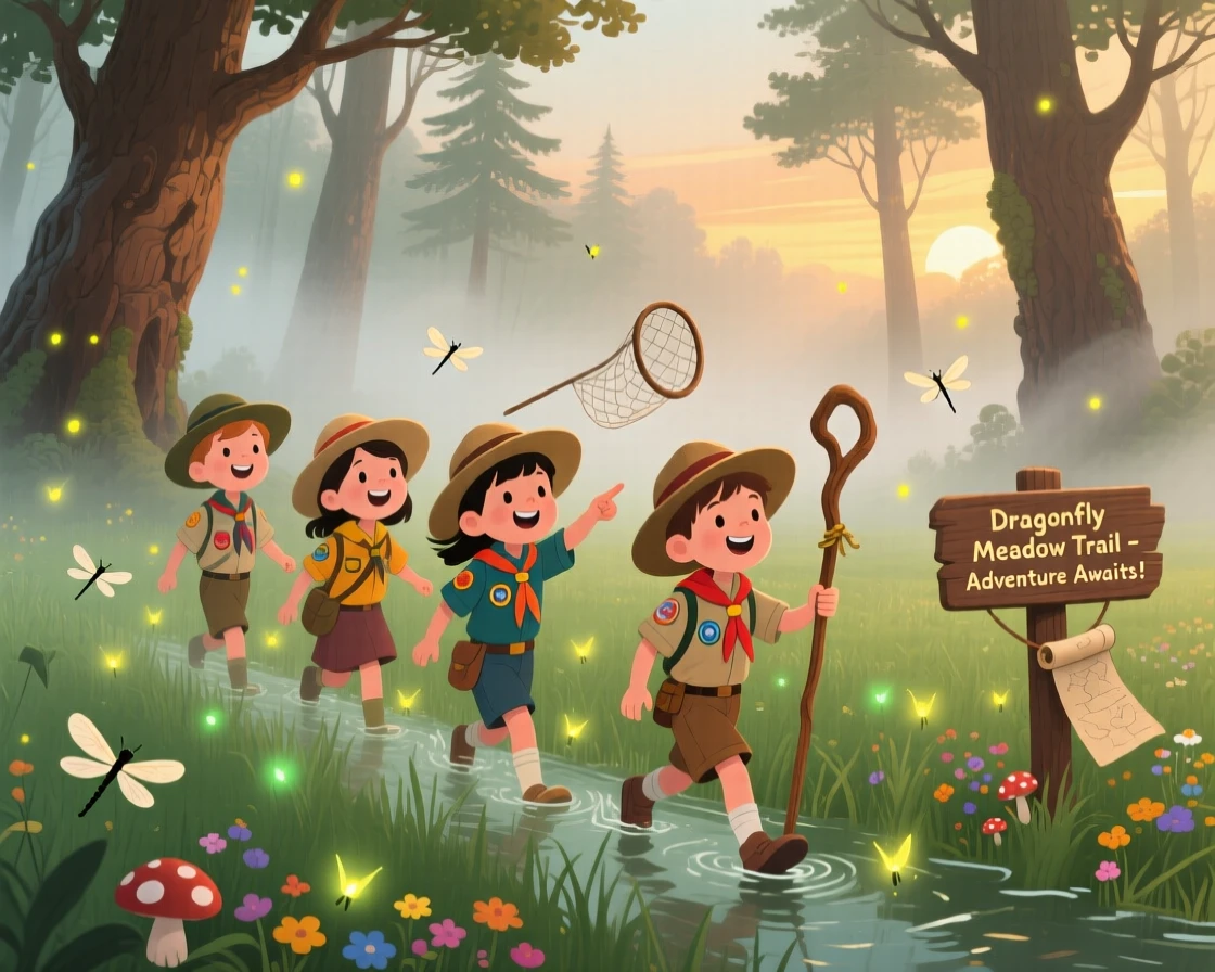An adventurous scout troop spends the day wading through tall grass chasing dragonflies through a foggy morning woodland, as fireflies begin to appear at dusk.