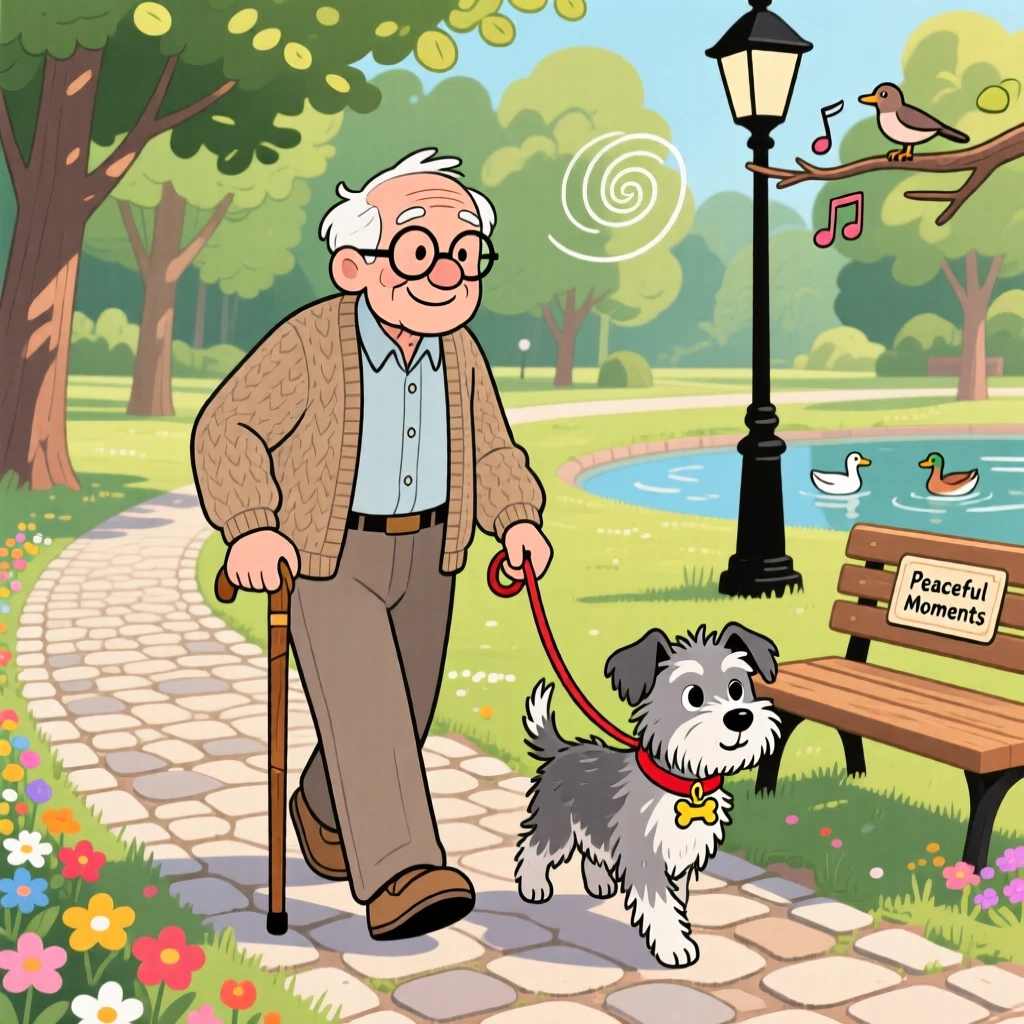 An elderly man walking his old dog slowly through a quiet park.