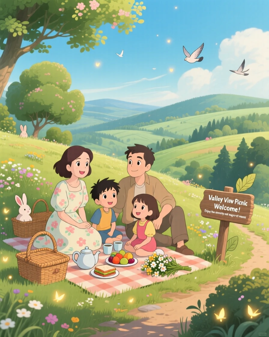 A family having a picnic on a hillside overlooking the valley, the scene tender and warm.