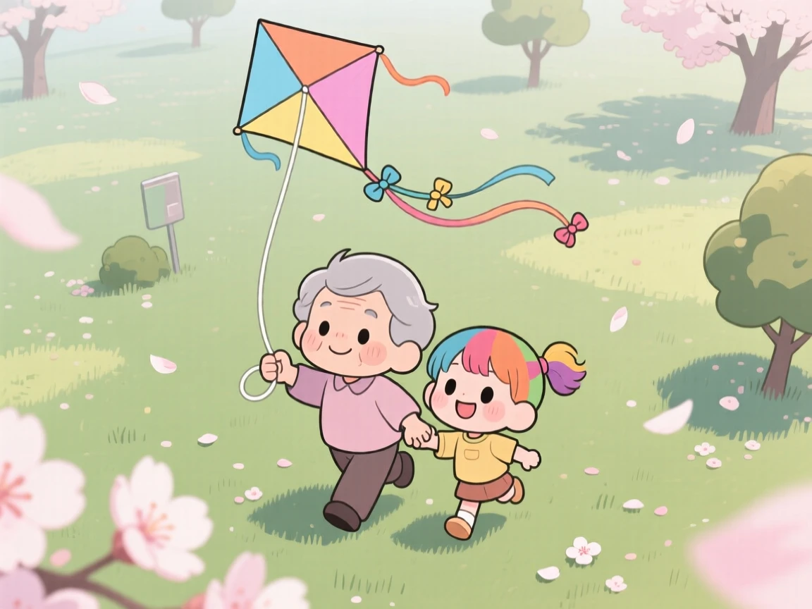In a breezy open park, grandparent and grandchild are flying a kite together as cherry blossom petals drift on the breeze, bathed in diffused overcast light, expression full of peaceful calm. Shot as a bird's-eye view.