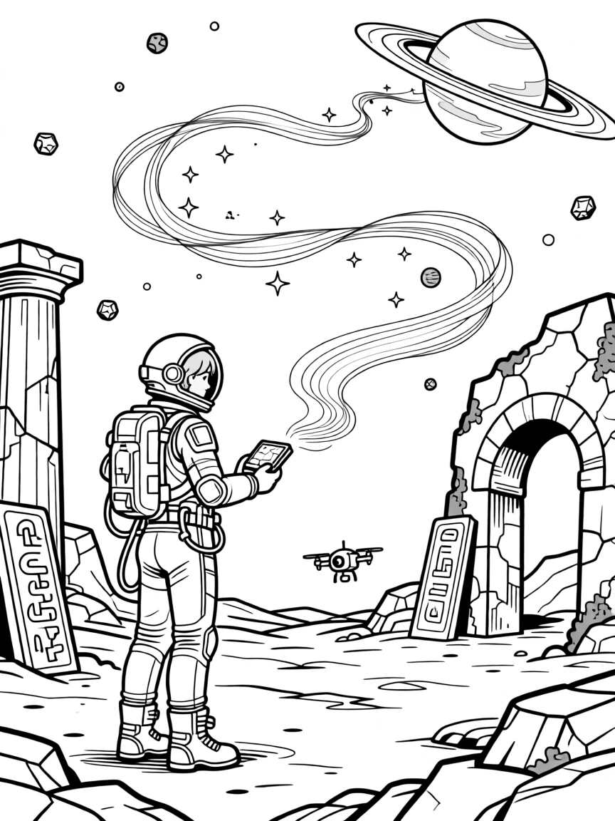A space explorer discovering ancient ruins on a distant world, with a trail of light marking its path through space.