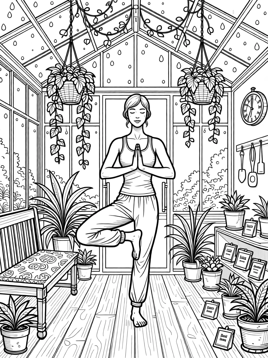 A person practicing yoga inside a greenhouse filled with hanging plants.
