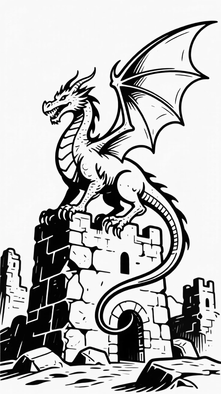 A dragon perched on the ruins of an ancient stone fortress.