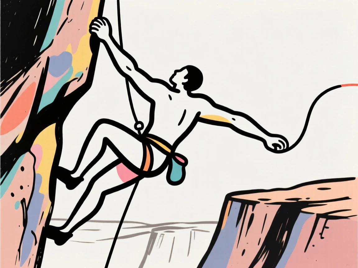 A rock climber reaching for a handhold high above a canyon floor.