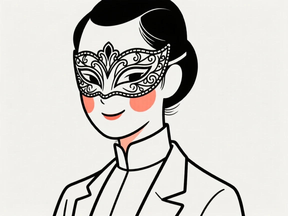 A masquerade ball guest in an ornate mask, smiling shyly.