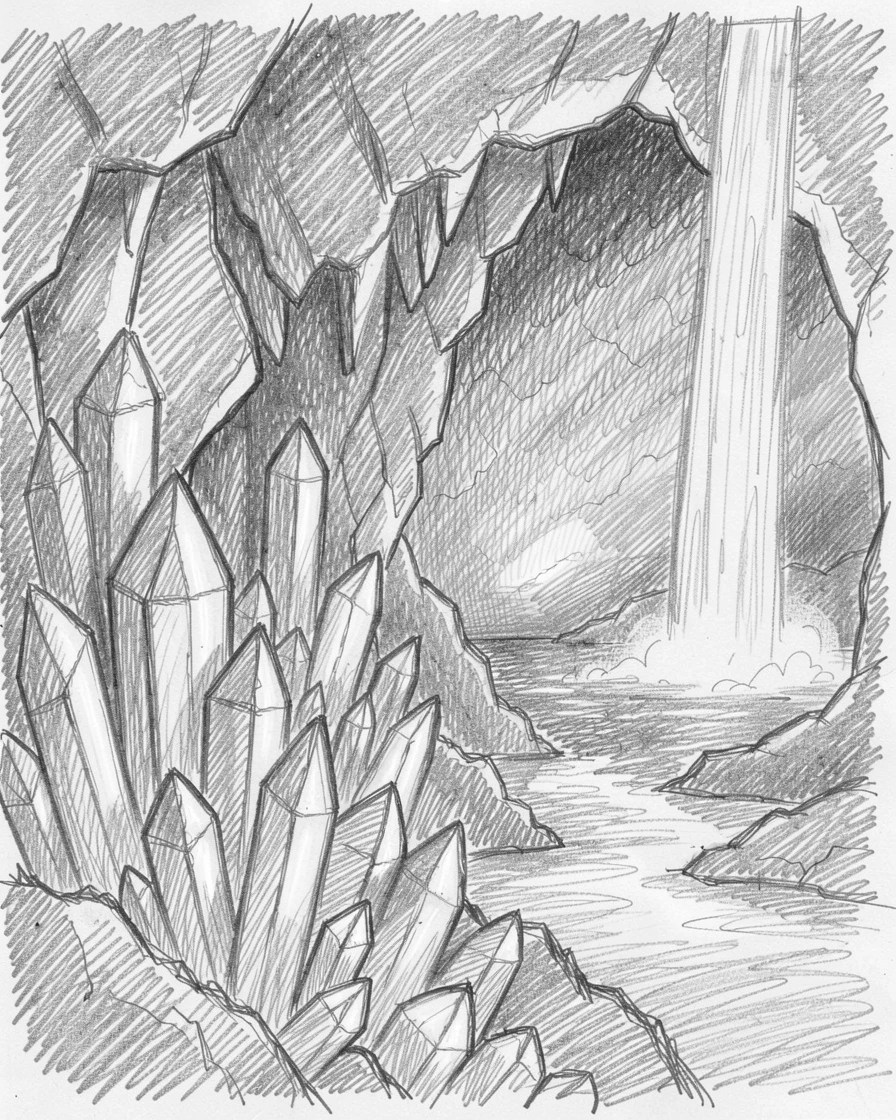 An epic fantasy scene of a crystal cave filled with glowing gemstones beside a waterfall that flows upward, with the horizon ablaze in impossible colors.