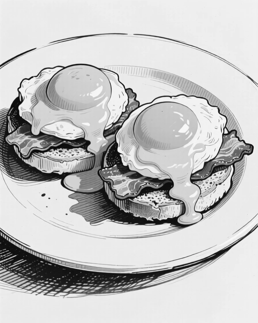 A plate of eggs benedict topped with a golden hollandaise sauce.