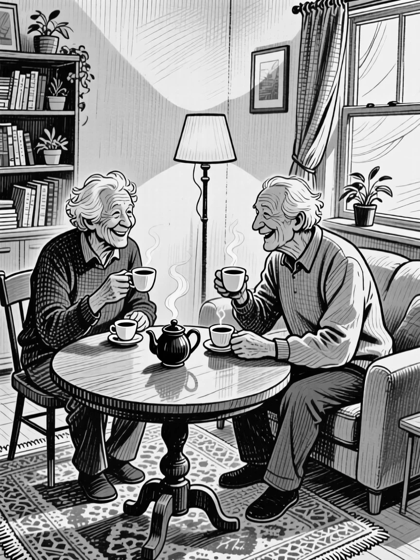 Two old friends sharing coffee at a small table within a warmly lit living room, with a gentle breeze moving through their hair, creating a quietly intimate lifestyle scene.