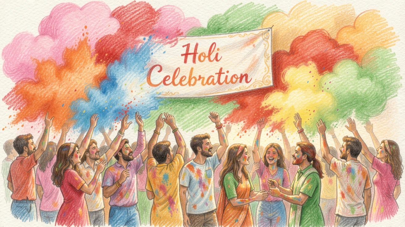 A colorful Holi festival with clouds of vibrant powder filling the air, with soft, natural light bringing warmth to every detail, radiating comfort, joy, and quiet beauty.