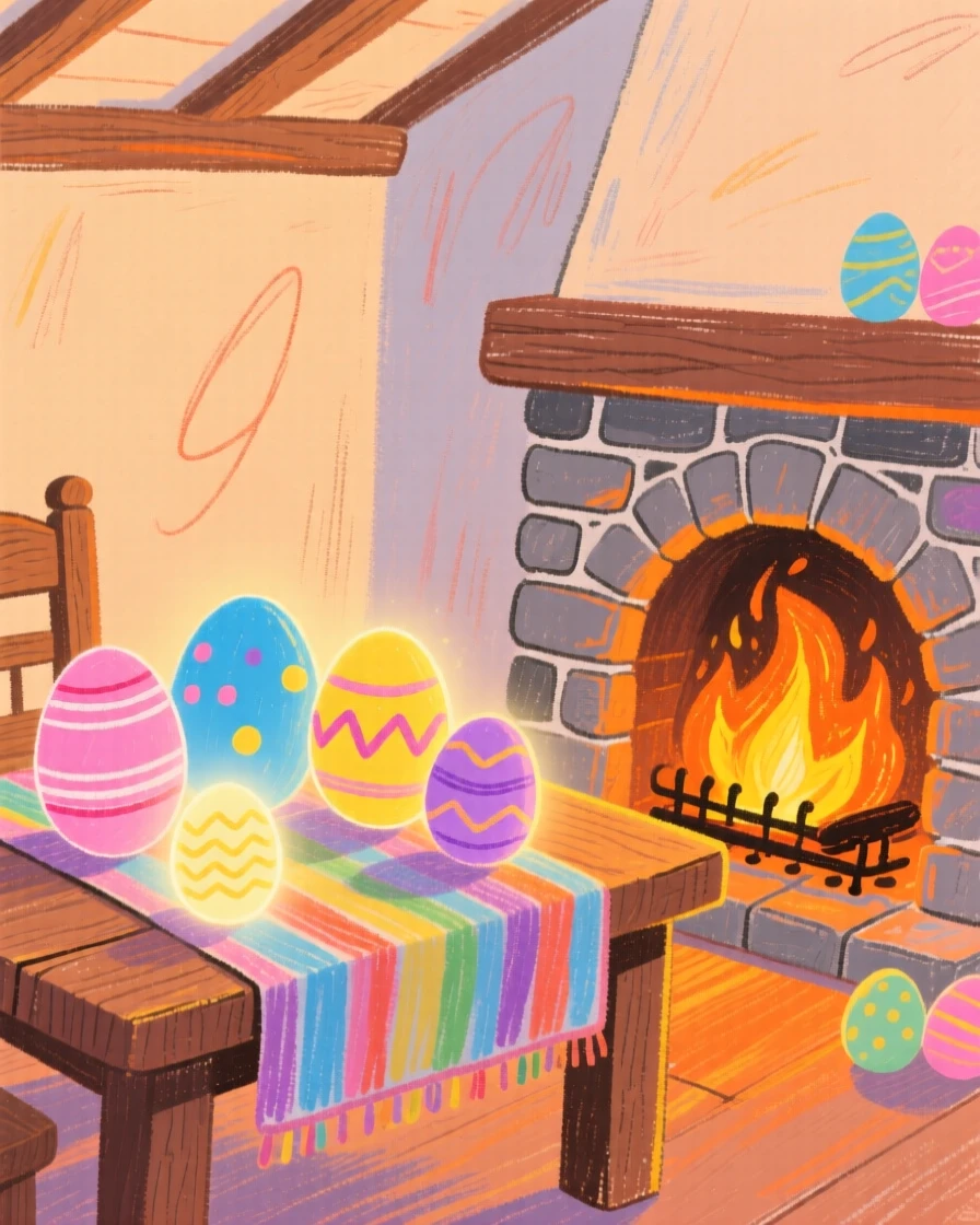 A table of Easter eggs glowing softly beside a crackling fireplace.