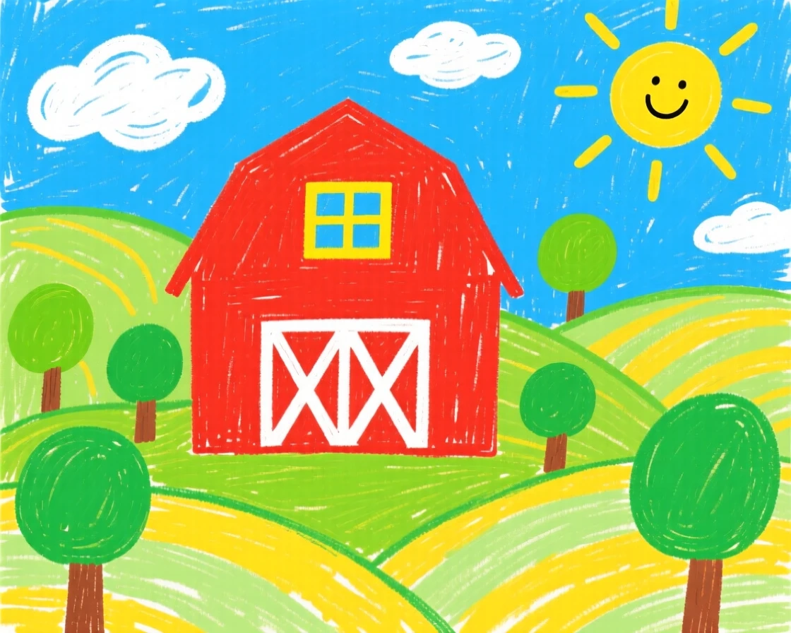 A rustic red barn surrounded by rolling farmland.