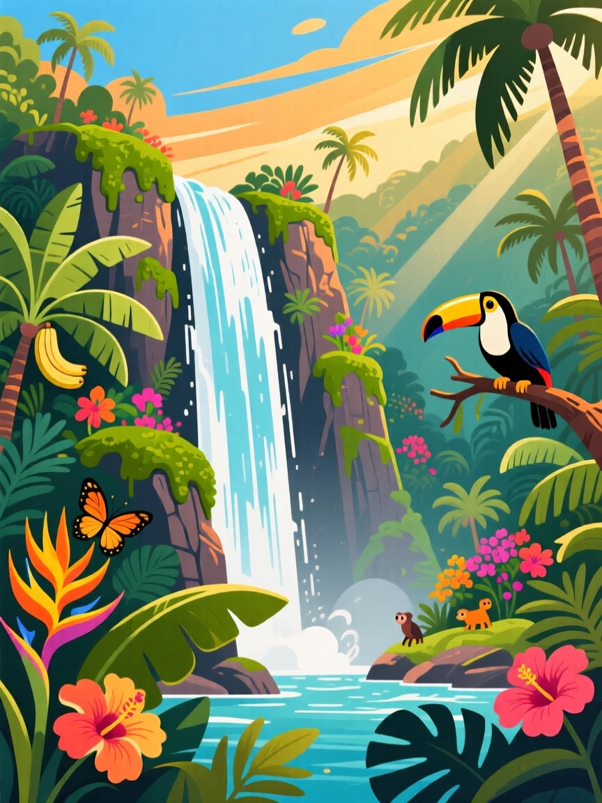 A grand waterfall plunging into a lush tropical valley, under a warm golden afternoon sky, arranged with vibrant foreground elements framing the view, with a joyful, adventurous atmosphere.