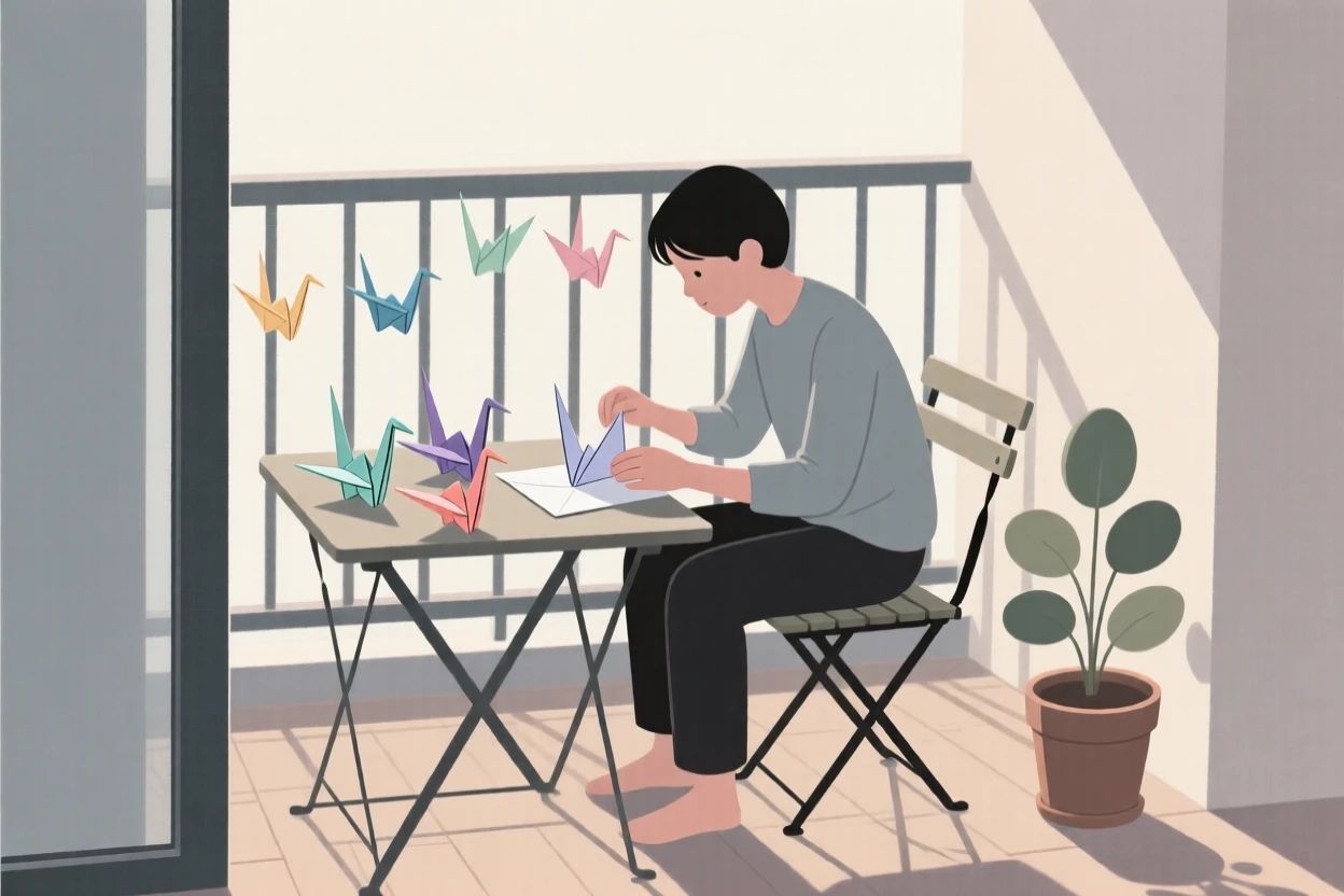 A person folding origami cranes in a small balcony.