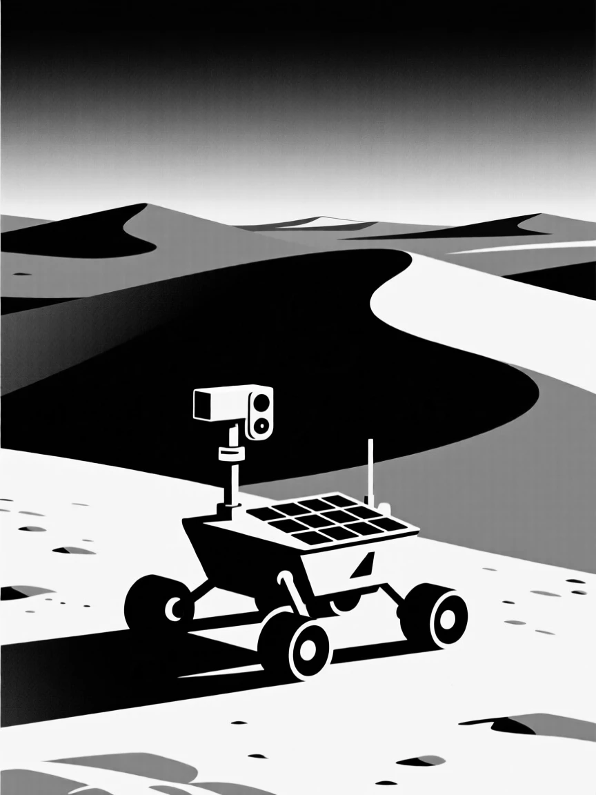 The surface of Mars with a rover exploring red dunes.