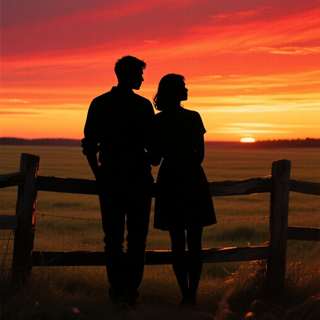 A couple leaning on a fence together, watching the sunset over a field.