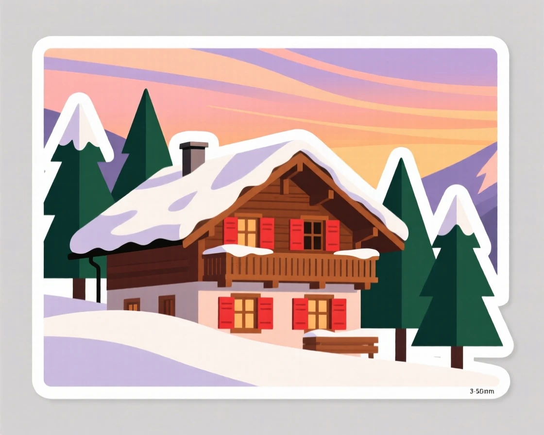 A postcard-perfect Swiss alpine chalet covered in snow, under a sky streaked with warm colors, during a memorable journey abroad.