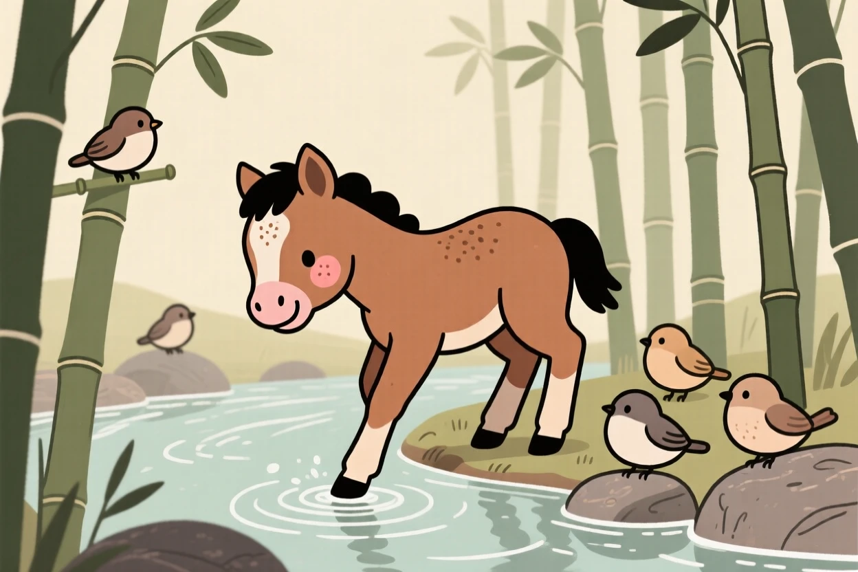 A newborn foal explores a bamboo grove for the first time, testing the water with one paw while a nearby flock watches with gentle patience.