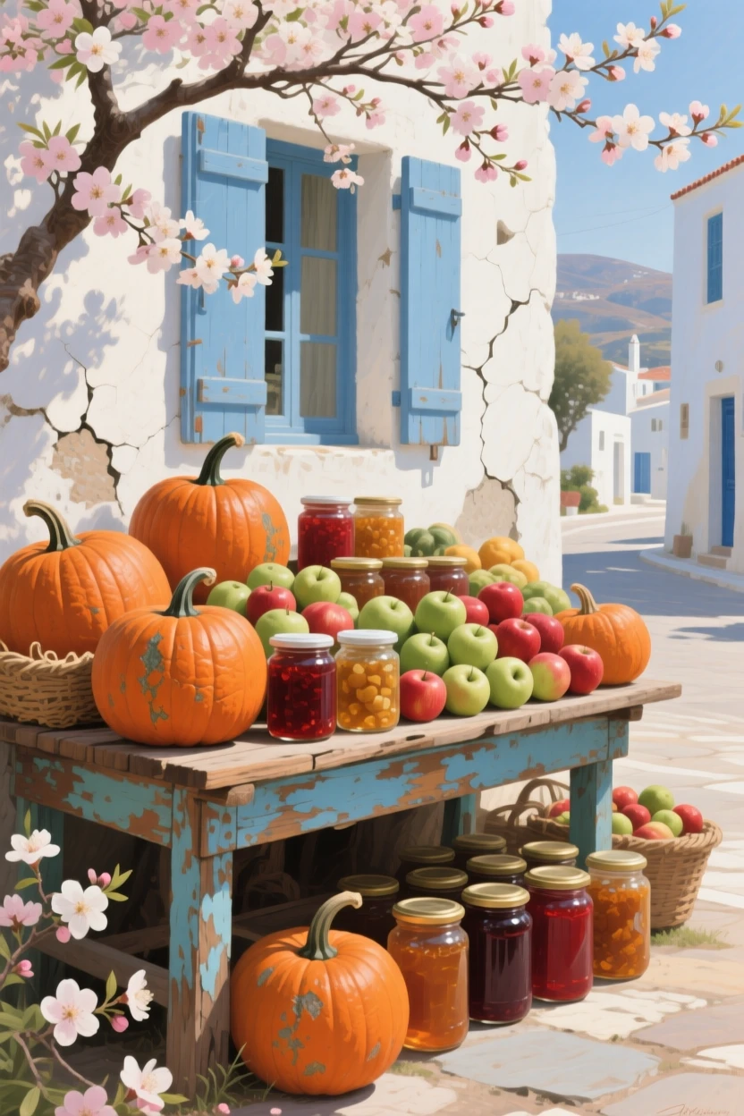 A centered composition of a farmstand piled with pumpkins, apples, and jars of preserves, in a Greek island village, as spring blossoms open.