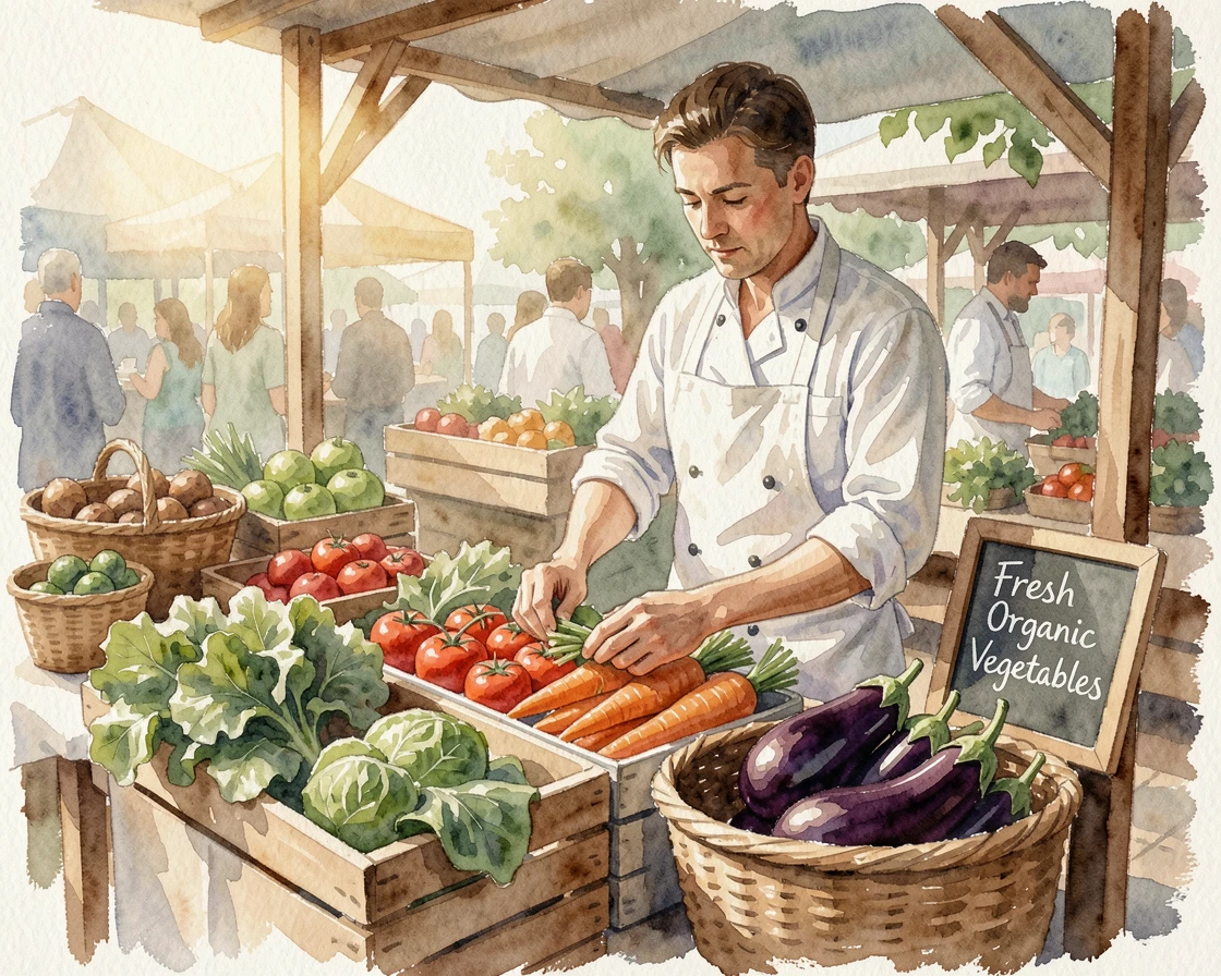 A chef arranging fresh vegetables at a farmers market stall in a peaceful, unhurried moment.