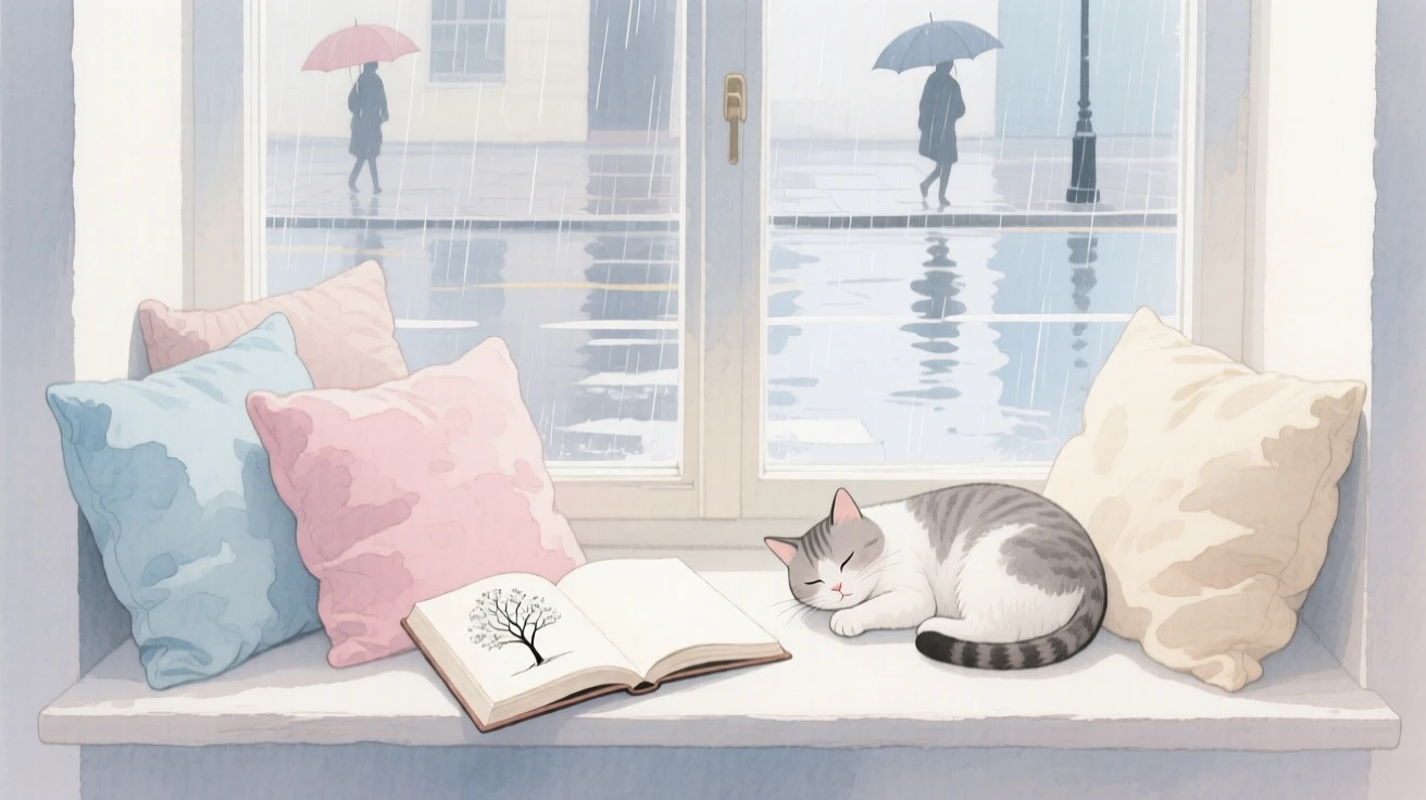 A window seat piled with cushions overlooks a rainy street, a cat curled asleep beside an open storybook