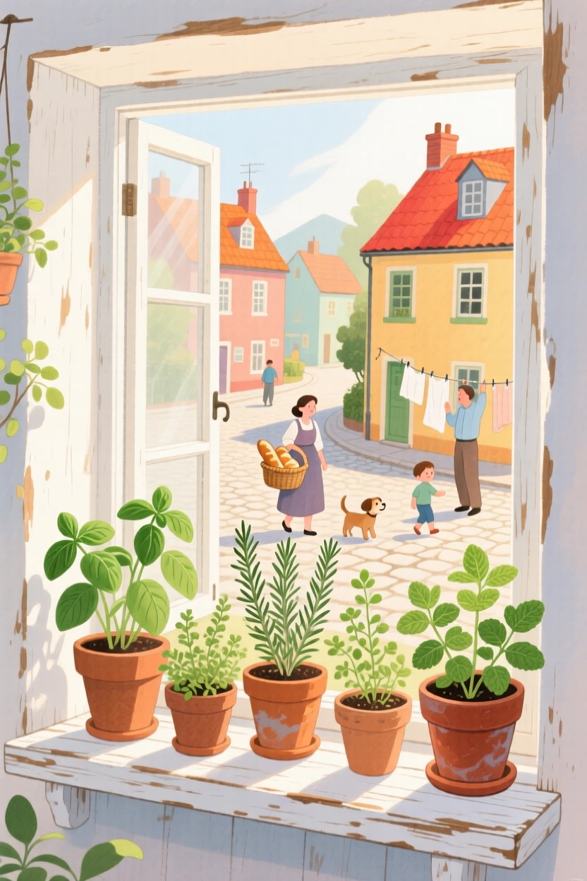 A windowsill herb garden in morning light, bustling gently with everyday village life.