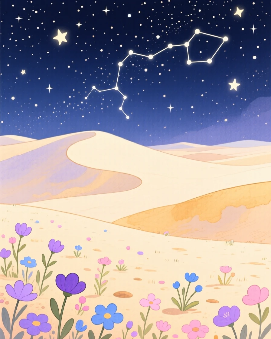 A star-filled night sky over a silent desert dune, with wildflowers scattered across the foreground, inspiring a sense of calm and wonder.