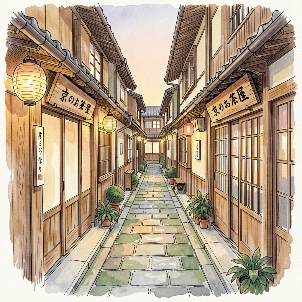 A quiet alley in Kyoto lined with traditional wooden shopfronts, soft evening light glowing warmly over the buildings.