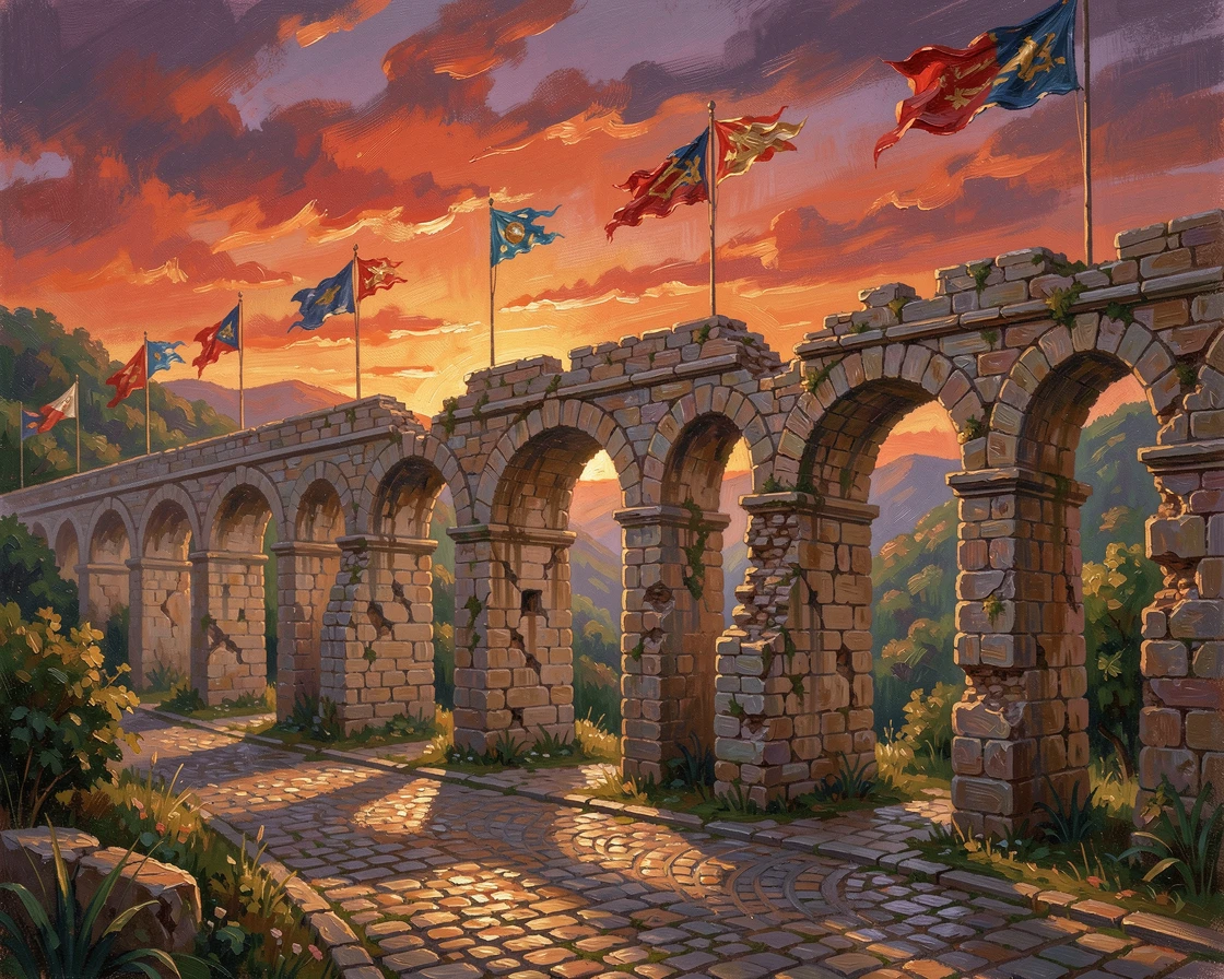 A crumbling stone aqueduct stretching across a valley, surrounded by centuries-old cobblestone streets, flags fluttering atop its highest towers, at sunset, its silhouette glowing against a fiery sky.