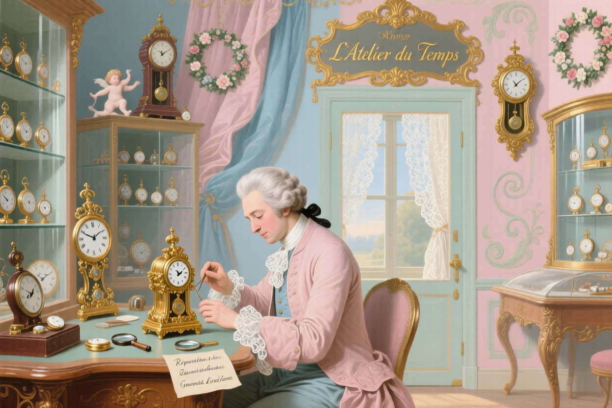 A watchmaker repairing a tiny clock in a shop full of timepieces  