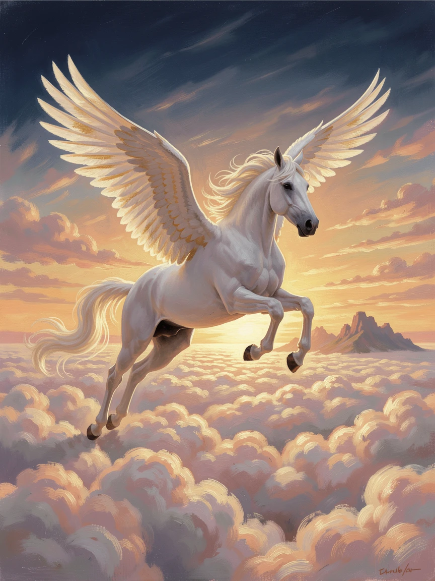 A winged horse soars above the clouds toward a golden sunrise.
