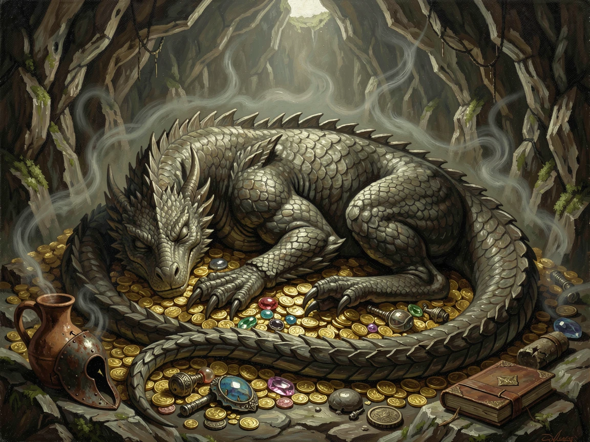 An ancient dragon sleeping atop a hoard of gold within a vast cavern, as swirling mist and atmosphere add mystery to the scene, designed to captivate the imagination while feeling grounded in realism