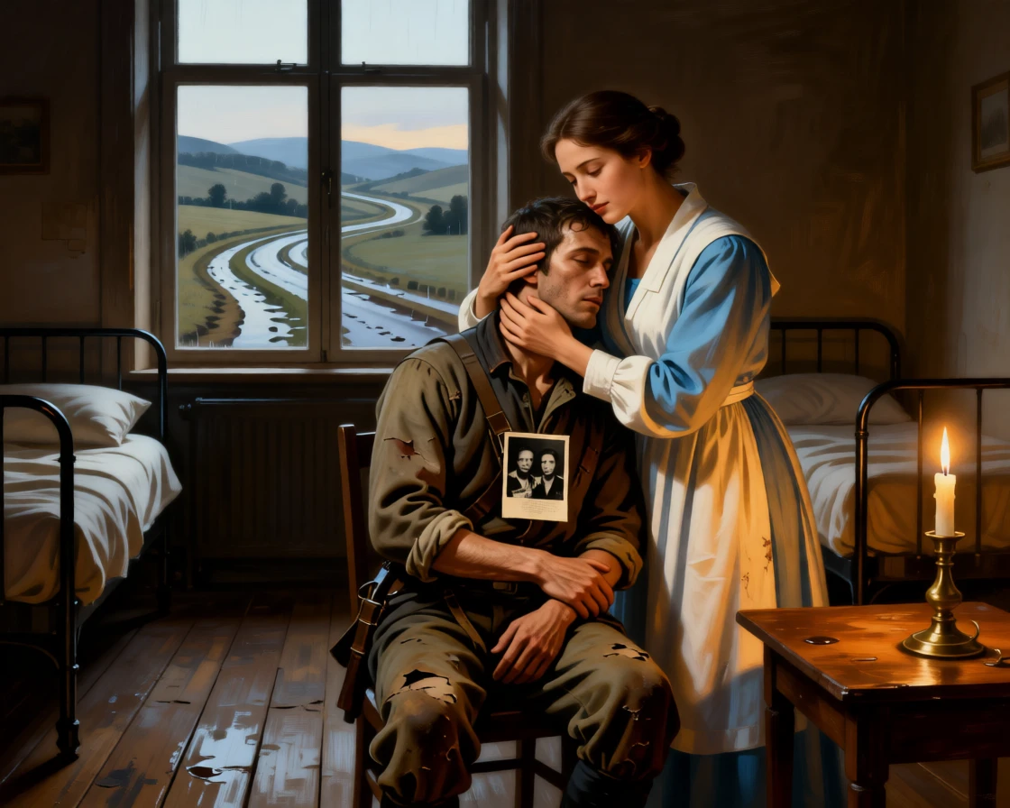 A nurse comforting a wounded soldier in a candlelit ward in a gesture that speaks louder than words, set on a rain-soaked road leading toward distant hills, with a faded photograph clutched tightly to a chest; converging paths in the background lead directly to the embracing pair, capturing love that has endured distance and time.