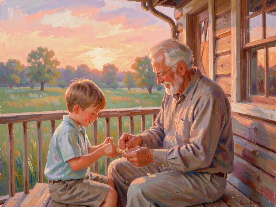 A grandfather teaching his grandson to whittle wood on the porch of a countryside cabin, under a glowing sunset sky, capturing a fleeting moment of pure happiness.