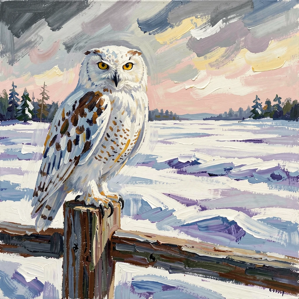 A snowy owl perched on a fence post, surveying a vast white winter field.