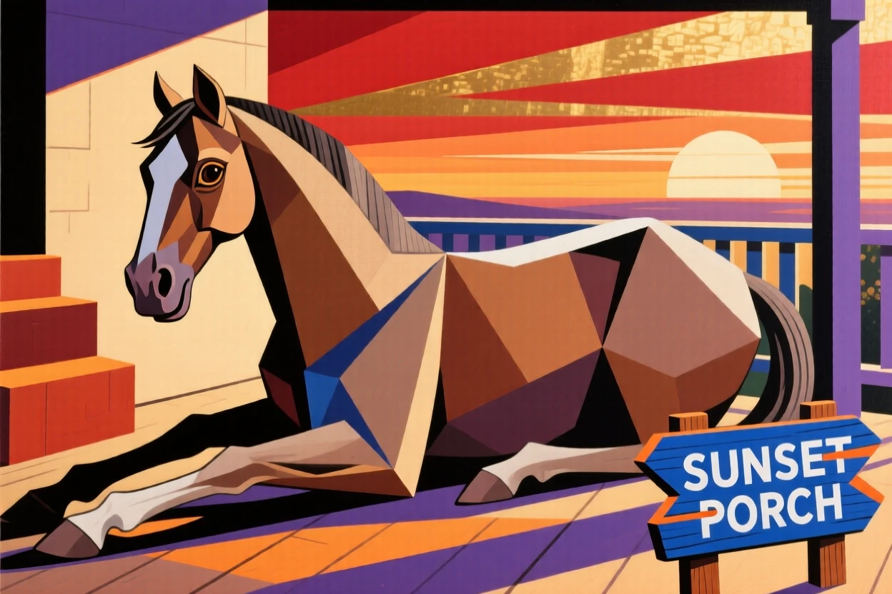A charming portrait of a gentle old horse stretching lazily on a sunlit porch, in the warm evening light.