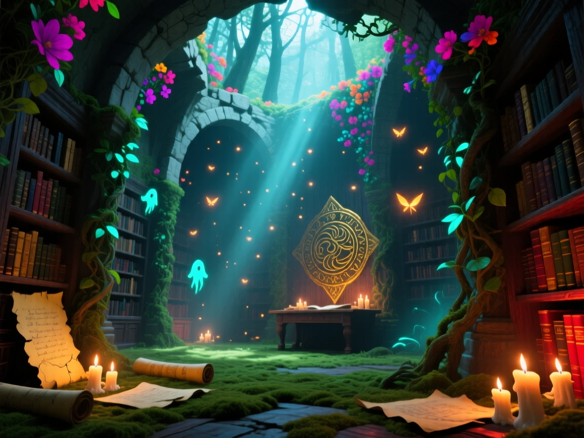 A hidden archive room lit by floating candle flames rests peacefully, reclaimed slowly by the surrounding forest, while dust motes drift like tiny stars through beams of light.
