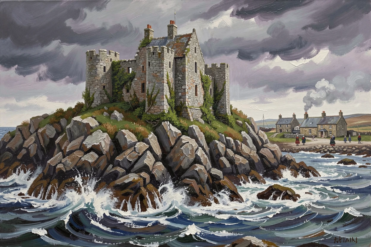 A crumbling Scottish castle stands atop a rocky cliff overlooking a stormy North Sea, waves crashing against the base far below, local life visible in the background, adding a quiet sense of authenticity to the scene.