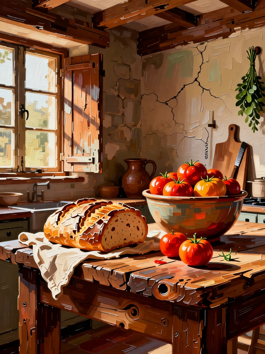 A rustic farmhouse kitchen with fresh bread cooling on the counter beside a bowl of ripe tomatoes