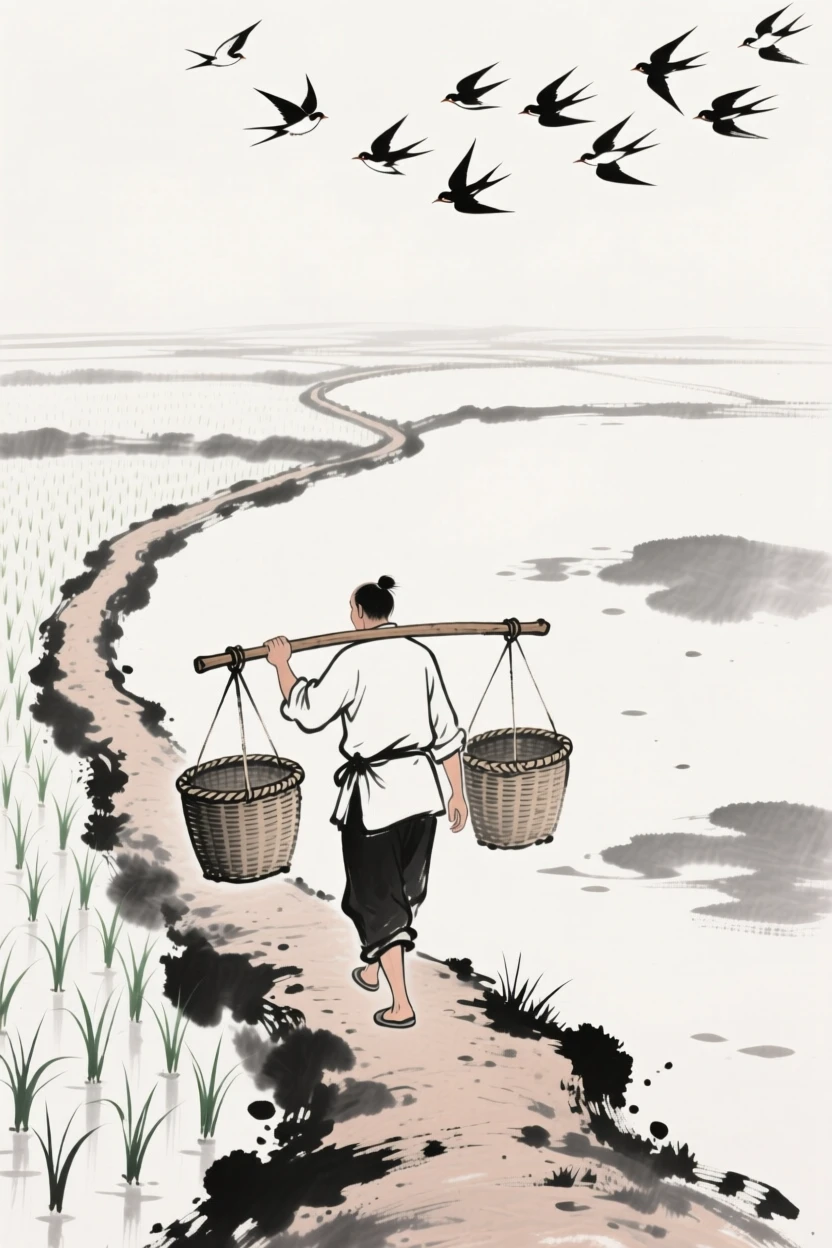 A farmer carries baskets balanced on a shoulder pole along a field path, as birds wheel above the newly planted fields.