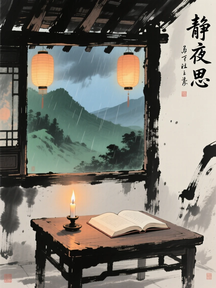 A single candle burning beside an open book in a mountain hut, as lanterns are lit for the evening, conveying a deep sense of harmony with nature, under clearing skies after a storm.