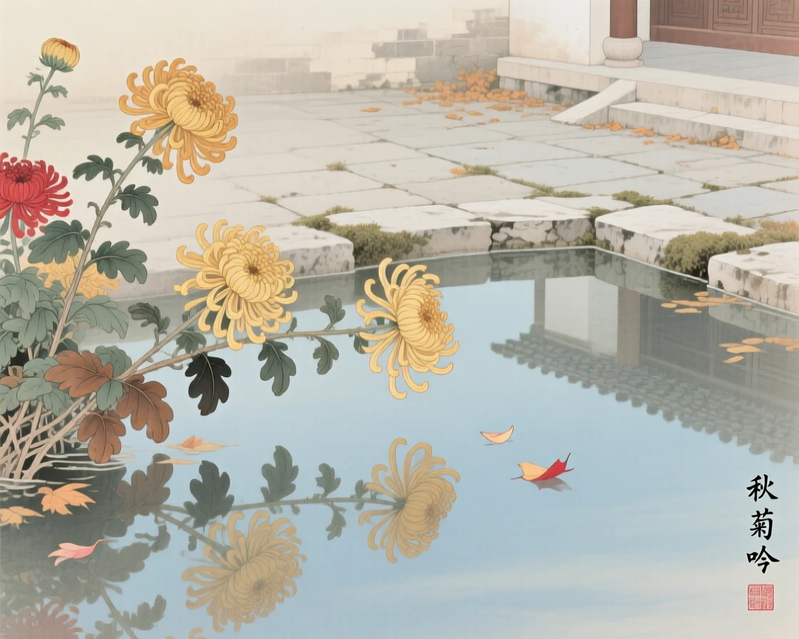 Chrysanthemums in late autumn reflected in the still water of a courtyard pond