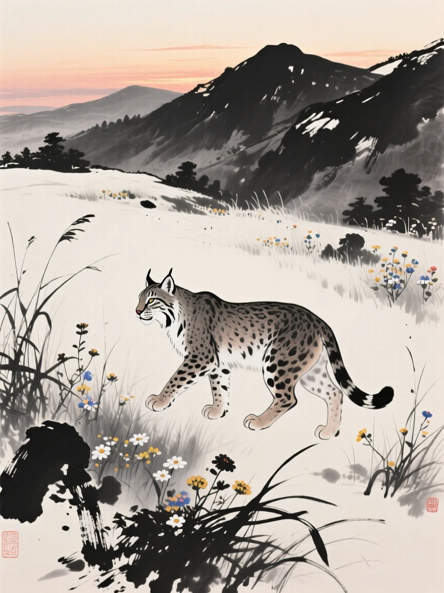 A lynx walking through tall grass at dusk among wildflowers on a mountain meadow, seen from a respectful distance within its natural surroundings, carrying a sense of quiet dignity and wildness.