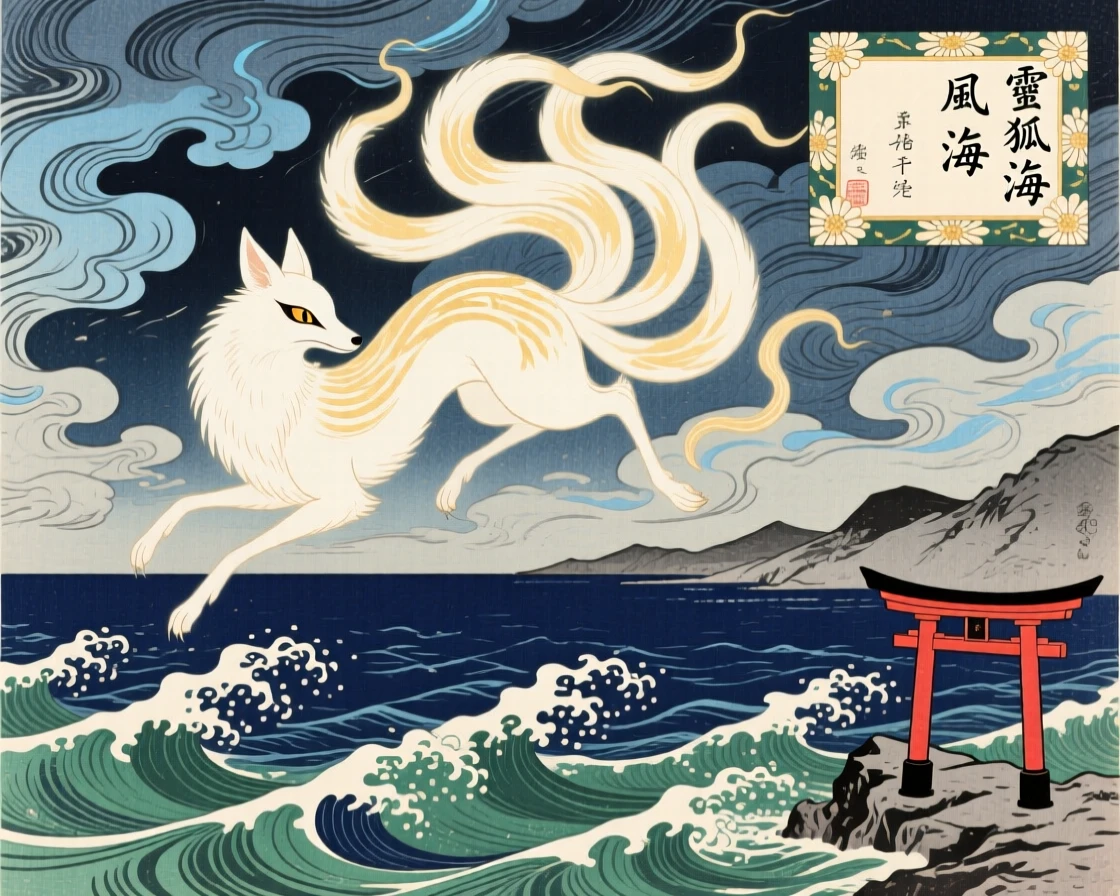 A glowing spirit fox coiling through swirling storm clouds above the sea.