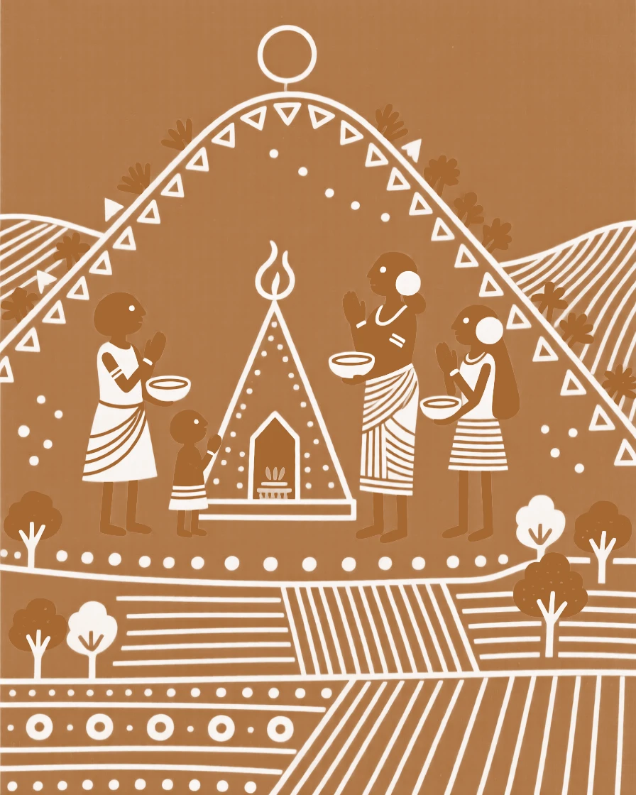 A family of worshippers at a hilltop shrine overlooking the valley.