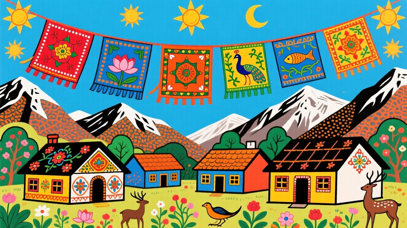 Prayer flags fluttering in the wind above a Himalayan village.