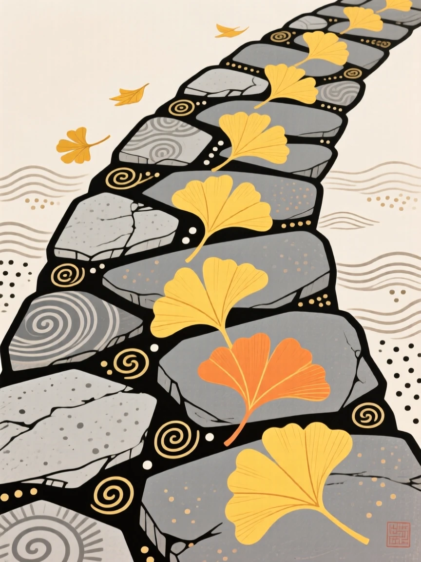 A row of golden ginkgo leaves fallen on a stone path, symbolizing enduring wisdom.