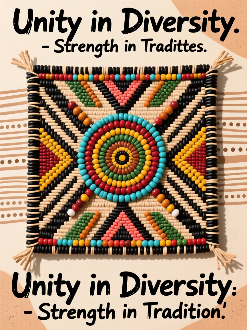 A woven mat displaying an array of colorful beads.