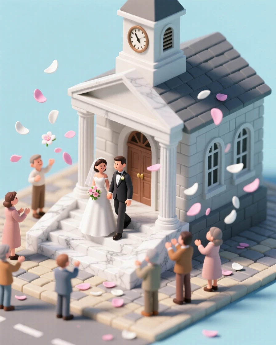 A quaint small-town courthouse wedding, guests tossing petals as the couple descends the marble steps.
